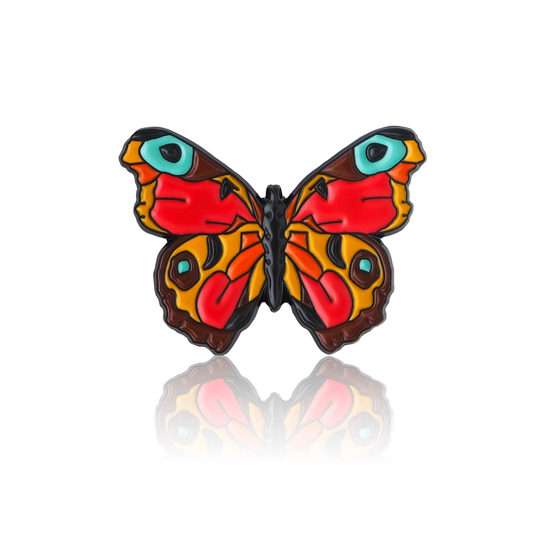 Motyl w kolorach czerwonym, niebieskim, brązowym.