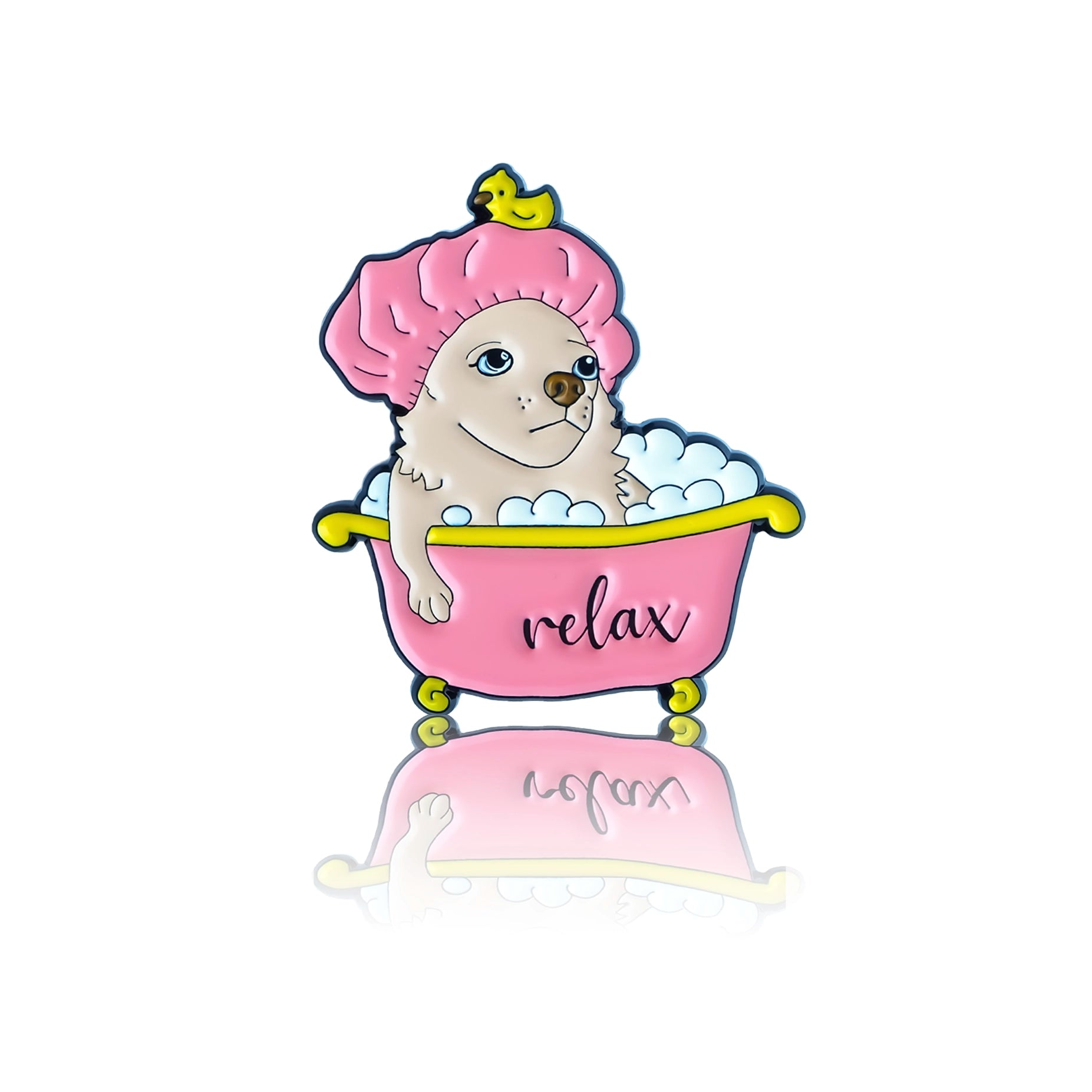 Przypinka emaliowana, wzór pies w kąpieli.
